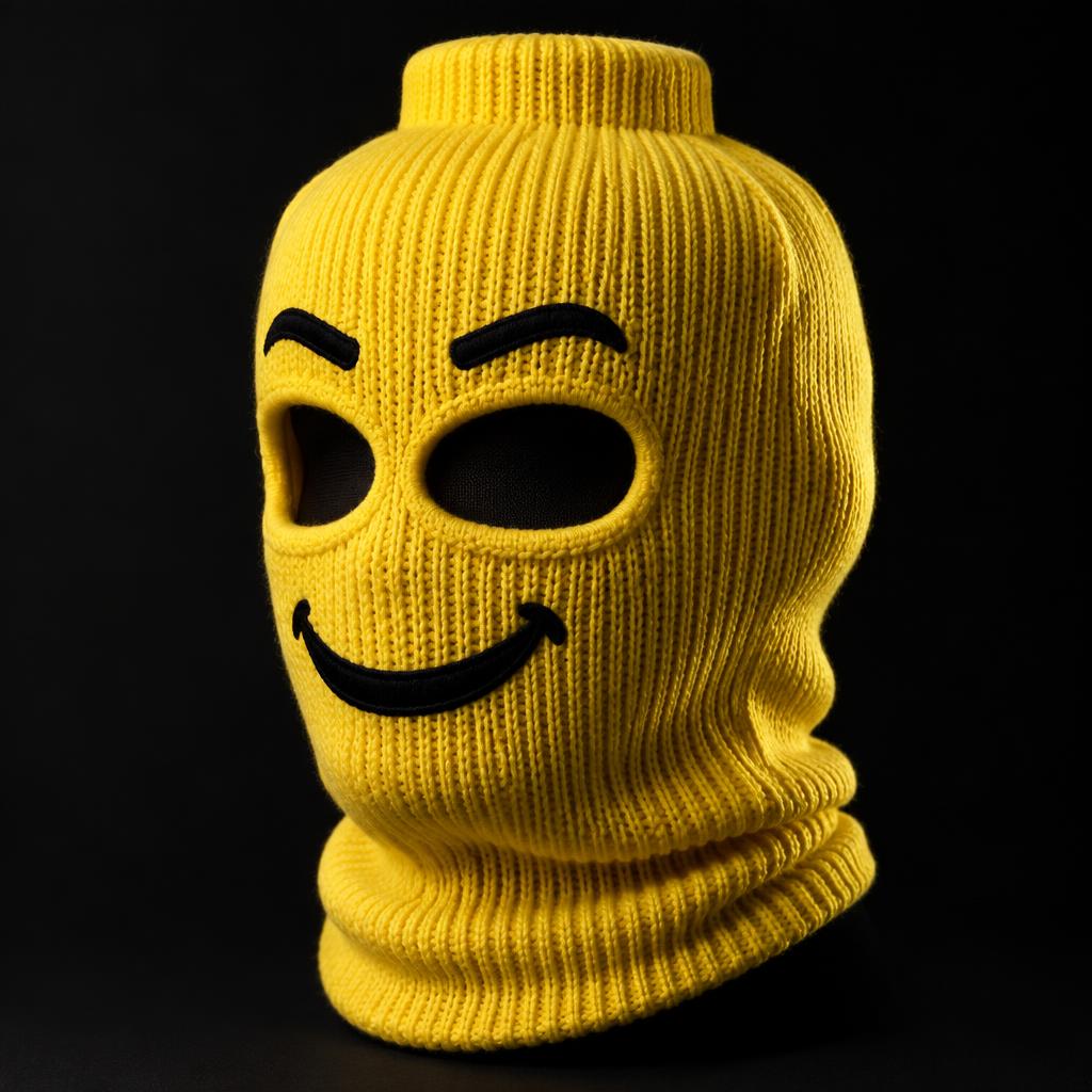 Close-up of the yellow LEGO-style knit ski mask