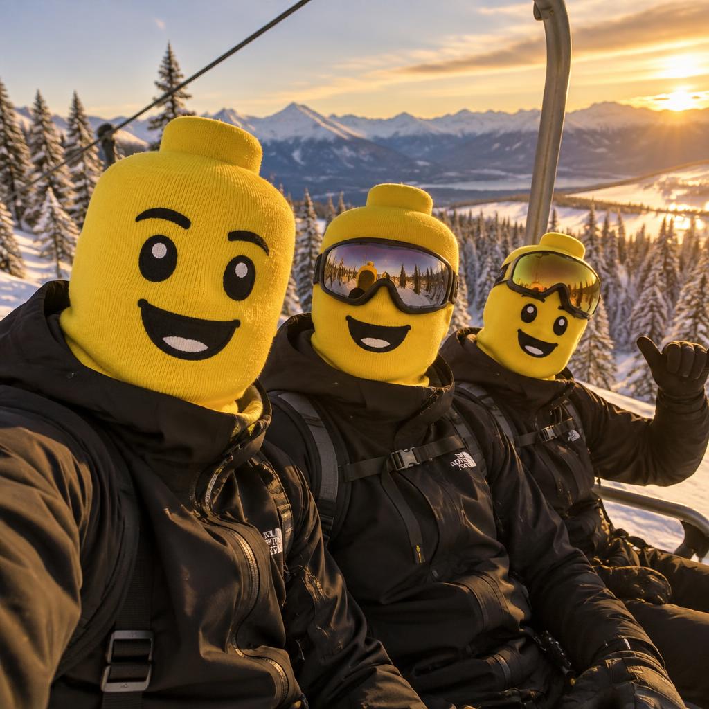 Friends on a ski lift wearing matching yellow LEGO-head masks